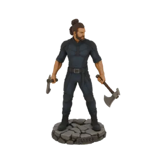 3D-модель викинга с прической man bun, бородой, в темном тактическом наряде, держащего два топора, стоящего на каменном основ