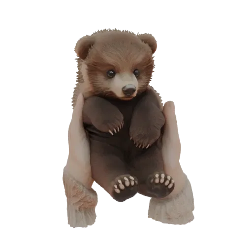 3D модель милого медвежонка, которого нежно держат в руках, с мягкой шерстью и выразительными глазами.