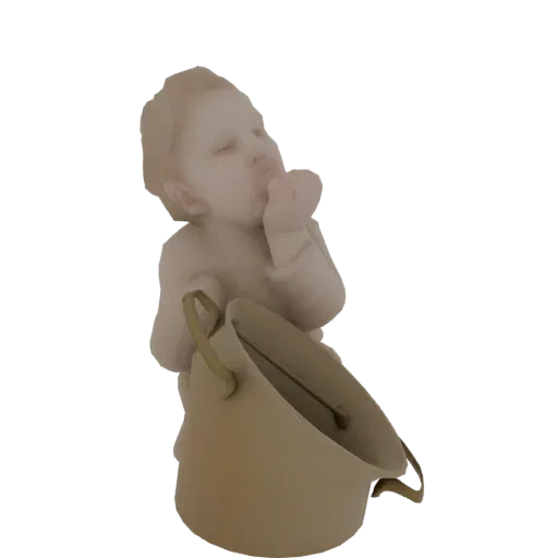 Рендер 3D модели младенца с закрытыми глазами, держащего светлое ведро.