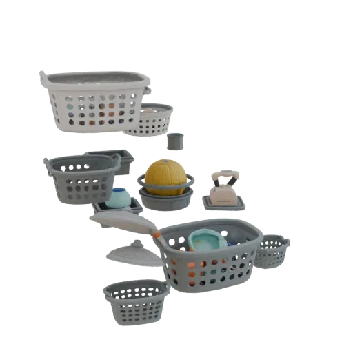 Печатаемая 3D-модель загроможденной корзины для белья, изометрический рендер STL, показывающий керамику, узнаваемые повседнев