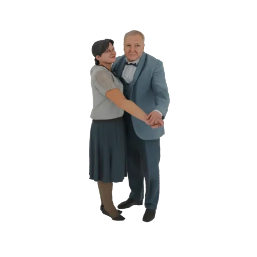 3D модель элегантной танцующей пары, мужчина в синем костюме, женщина в серой блузке и темной юбке.