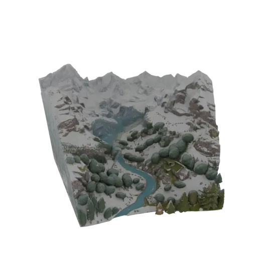3D модель заснеженной долины с рекой, горами и лесом, вид сверху