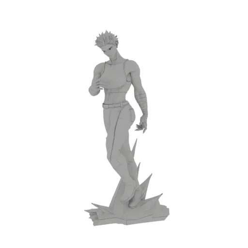3D модель мускулистого мужского воина в динамичной позе, стоящего на скалистом основании, в нейтральном сером цвете.