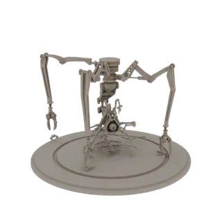 3D модель серого механического дрона-паука с четырьмя шарнирными манипуляторами и центральным оптическим сенсором, стоящего н