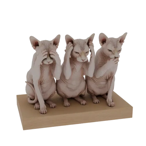 3D модель трех сфинкс-кошек, сидящих на деревянной подставке, закрывающих глаза, уши и рот.