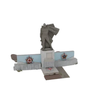 3D-модель памятника советскому солдату, героическая фигура, красные звезды, каменная текстура, на белом фоне.