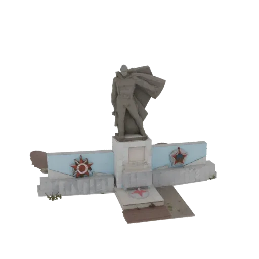 3D-модель памятника советскому солдату, героическая фигура, красные звезды, каменная текстура, на белом фоне.