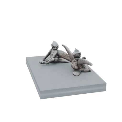 3D модель двух фэнтези-эльфов с остроконечными шляпами, один сидит, другой присел, на сером пьедестале.
