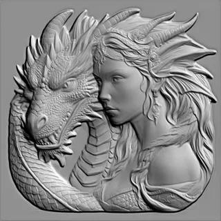3D модель барельефа с изображением девушки, обнимающей дракона, в высоком рельефе