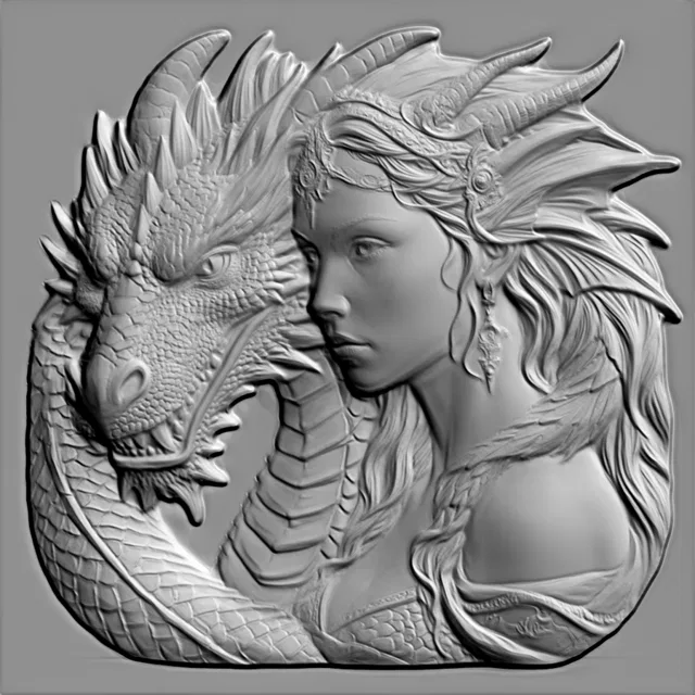 3D модель барельефа с изображением девушки, обнимающей дракона, в высоком рельефе