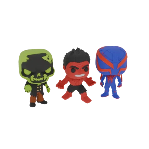 3D-рендер трех фигурок Марвел в стиле Funko Pop!: зеленый зомби, красный Халк и синий Человек-Паук 2099 на белом фоне.