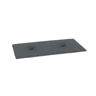 3D модель темно-серой электрической варочной панели с двумя конфорками и двумя круглыми нагревательными элементами, представл