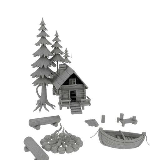 3D модель деревенской сцены с домиком, соснами, лодкой и костром на белом фоне.