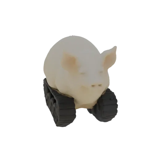 3D модель стилизованной белой свиньи с дружелюбным выражением, установленной на черных танковых гусеницах, на белом фоне.