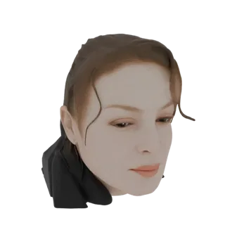 AI-сгенерированная 3D-модель женской головы с каштановыми волосами, слегка смотрящая вниз, с детализированными чертами лица и