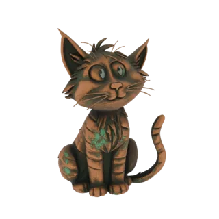 Рендер 3D модели забавной статуэтки кошки с медным покрытием и патиной, сидящей с большими глазами и полосатым телом.