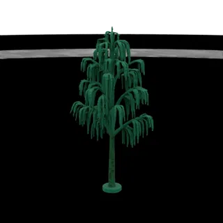 3D модель плакучей ивы с зеленой свисающей листвой и текстурированным стволом на черном фоне.
