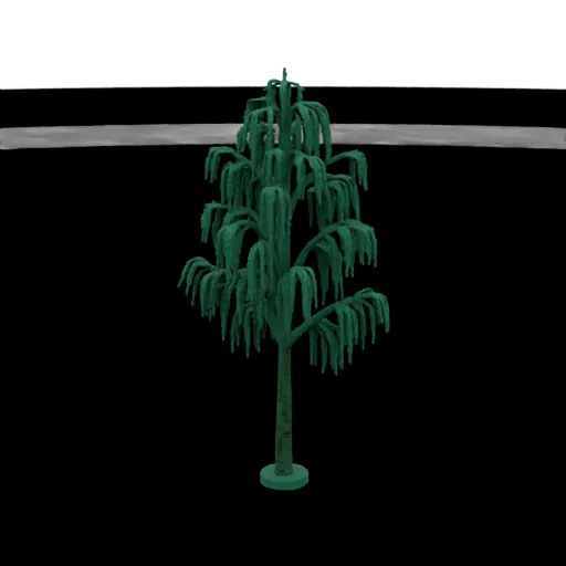 3D модель плакучей ивы с зеленой свисающей листвой и текстурированным стволом на черном фоне.