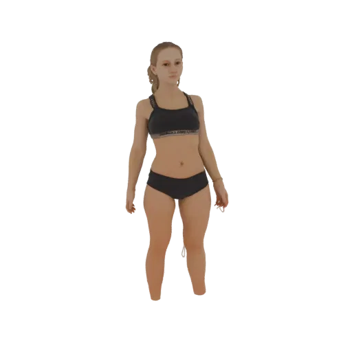 3D модель женщины в нейтральной позе, одетой в черный спортивный топ и черные шорты.