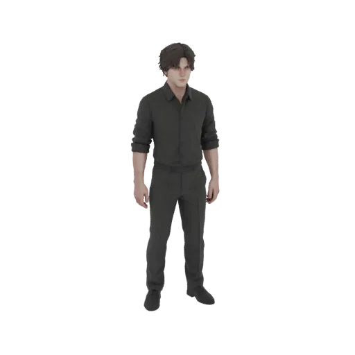 Рендер 3D модели мужчины в темном костюме на черном фоне.