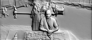 3D модель барельефа с мужчиной, группой людей и городским пейзажем на заднем плане