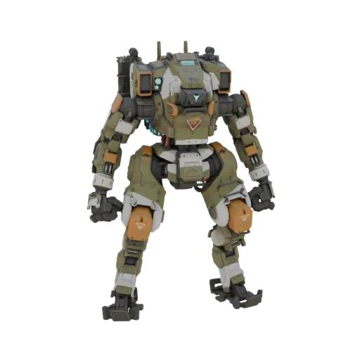 3D модель Титана Atlas из Titanfall, большой двуногий мех зеленого и белого цвета с оранжевыми акцентами, стоящий на белом фо