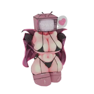 3D model of a pink TV-headed character wearing a black bikini and a shimmering pink cape, with a heart speech bubble.