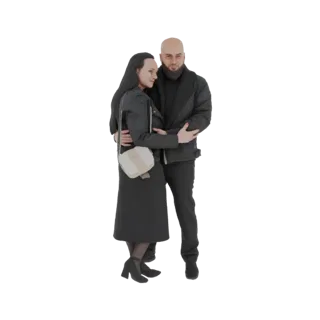 3D модель пары в объятиях, оба в черных пальто, женщина держит кремовую сумочку.