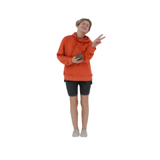 3D-модель молодой женщины с короткими светлыми волосами в оранжевой толстовке и серых шортах, держащей смартфон и показывающе