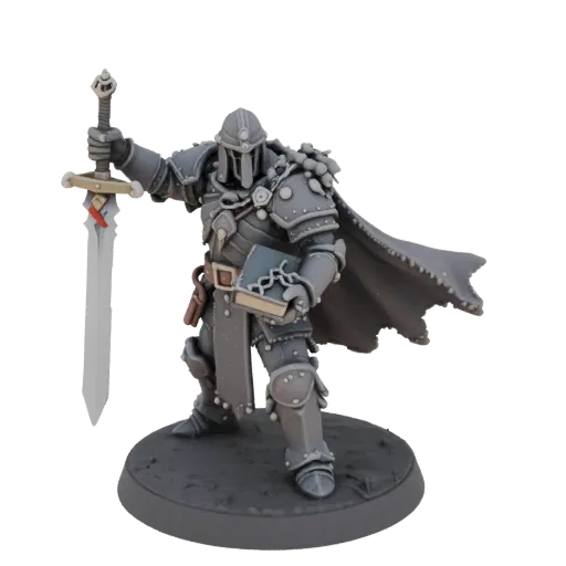 3D модель воина-мага в стиле Warhammer с мечом и книгой, в пластинчатом доспехе и плаще