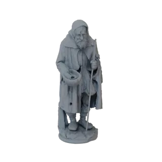 3D модель фигуры древнего нищего в капюшоне, держащего посох и чашу для подаяния, на белом фоне.