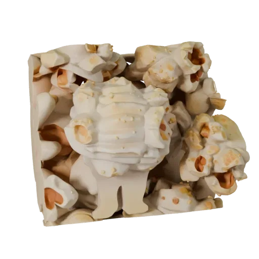 Реалистичная 3D модель Попкорна, студийный рендер в три четверти, показывающий кремовый силуэт сладкой еды.