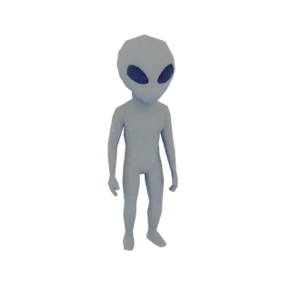 Низкополигональная 3D модель серого инопланетянина, стоящего прямо с большими темными глазами, на белом фоне.