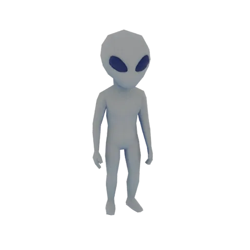 Низкополигональная 3D модель серого инопланетянина, стоящего прямо с большими темными глазами, на белом фоне.