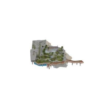 3D модель террасного парка на склоне с водными объектами, зелеными зонами и тропами.