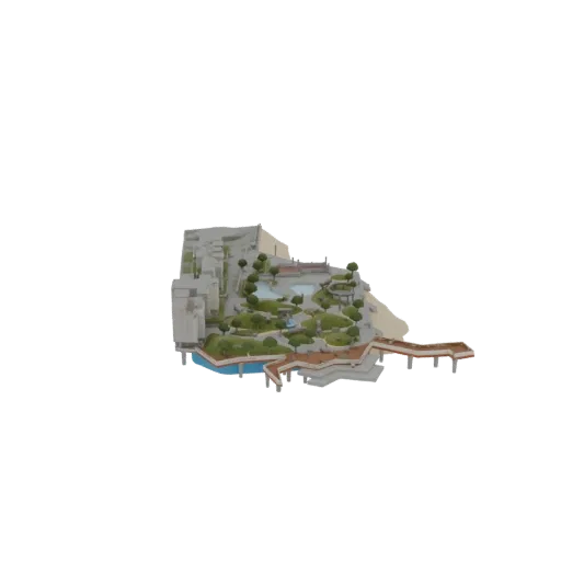 3D модель террасного парка на склоне с водными объектами, зелеными зонами и тропами.