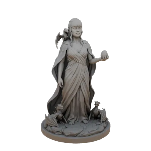 3D-модель Дейенерис Таргариен, держащая яйцо дракона, с двумя молодыми драконами на плече и у ног.