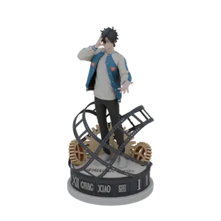 3D-модель фигуры аниме-мальчика, стоящей на основании с кинопленкой и шестернями, на белом фоне.