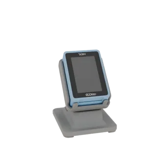 3D-рендер синего POS-терминала с серой подставкой, отображающий пустой экран.