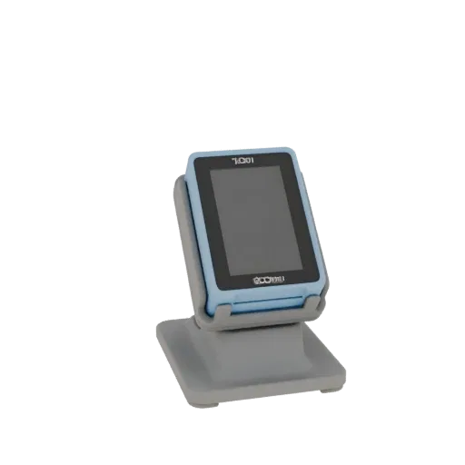 3D-рендер синего POS-терминала с серой подставкой, отображающий пустой экран.