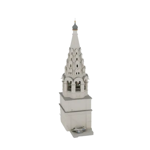 3D модель белой русской колокольни с несколькими ярусами и характерным луковичным куполом на белом фоне.