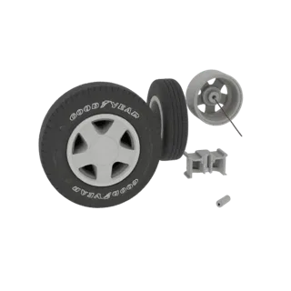 3D-модель шины Goodyear на серебристом пятиспицевом диске, с отдельной шиной и диском.