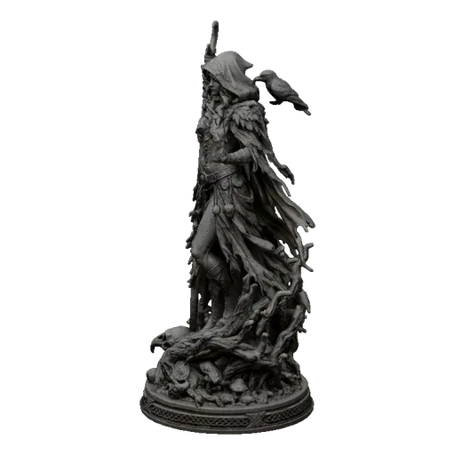 3D модель лесной ведьмы с вороном на плече, в плаще из перьев, окруженная корнями и грибами на основании.
