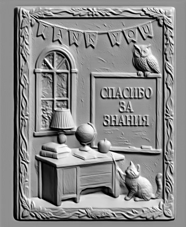 3D модель барельефа "Спасибо за знания" с совой, кошкой, книгами и глобусом на столе