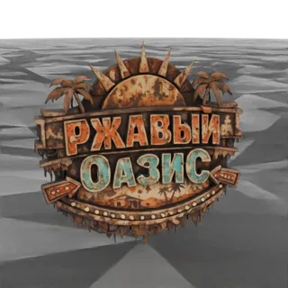 3D модель ржавого, выветренного знака с надписью 'РЖАВЫЙ ОАЗИС' на русском языке, с пальмами и светящимися неоновыми огнями,
