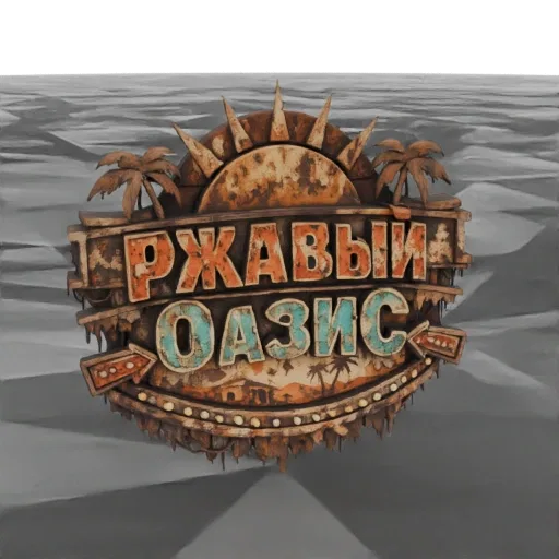 3D модель ржавого, выветренного знака с надписью 'РЖАВЫЙ ОАЗИС' на русском языке, с пальмами и светящимися неоновыми огнями,