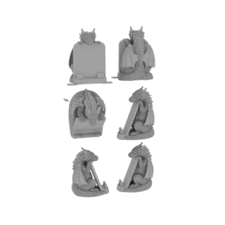 Рендер 3D модели серой скульптуры дракона, выполненной в виде подставки для книг, показанный с разных ракурсов.