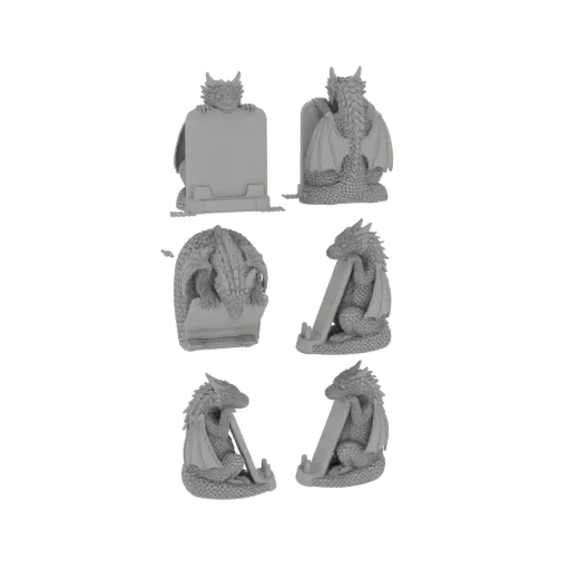 Рендер 3D модели серой скульптуры дракона, выполненной в виде подставки для книг, показанный с разных ракурсов.