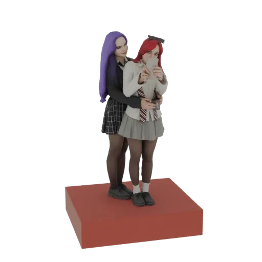 3D модель двух аниме школьниц с фиолетовыми и красными волосами, тесно обнимающихся в школьной форме.
