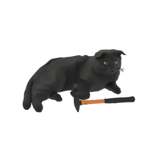 3D модель черного кота с желтыми глазами, игриво держащего молоток.